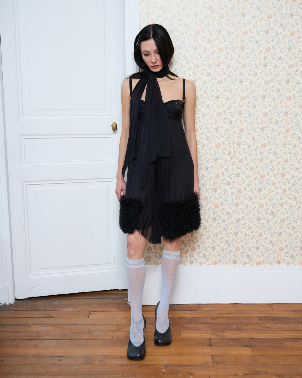 Dolce & Gabbana Black Shearling Trim Silk Dress