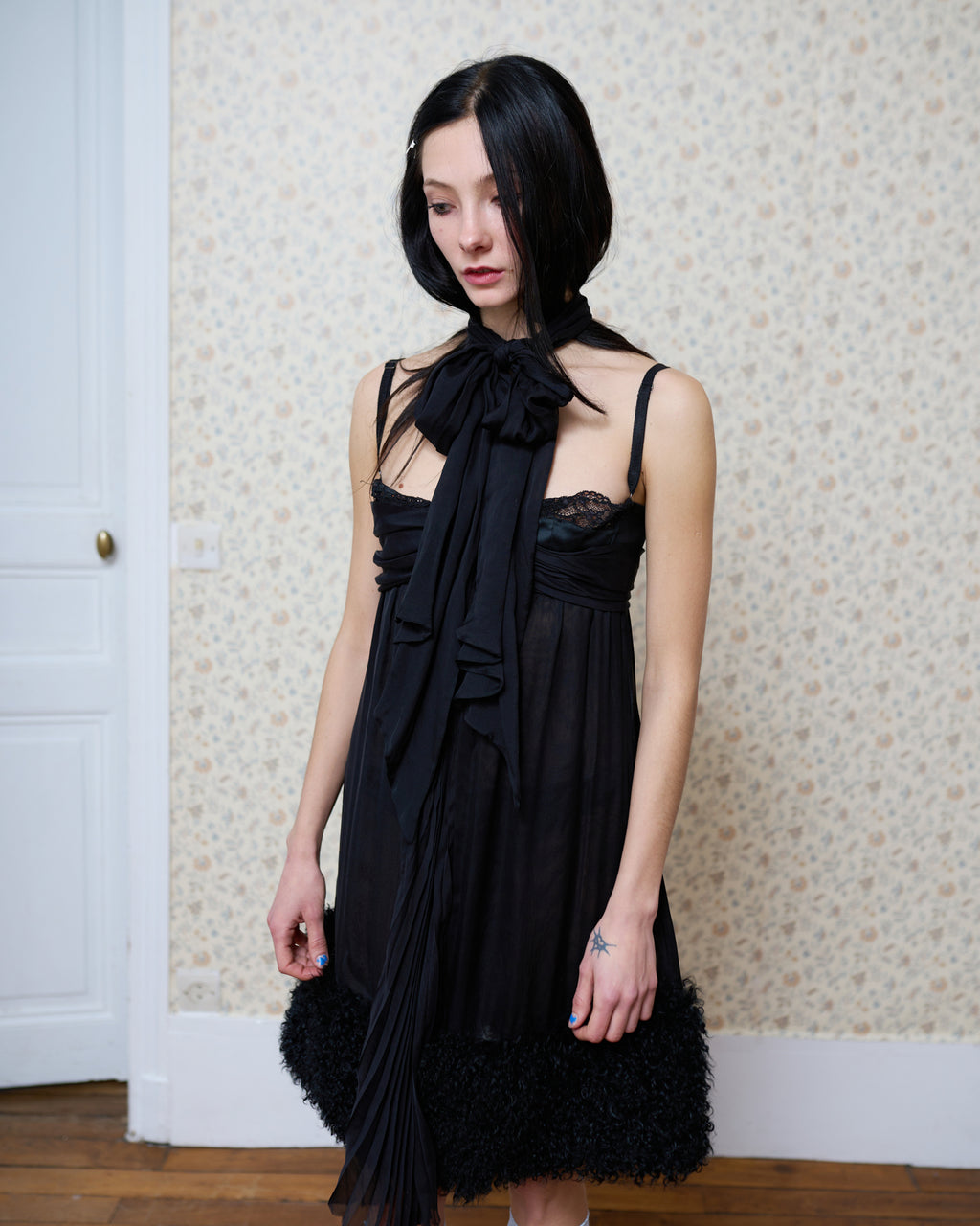 Dolce & Gabbana Black Shearling Trim Silk Dress