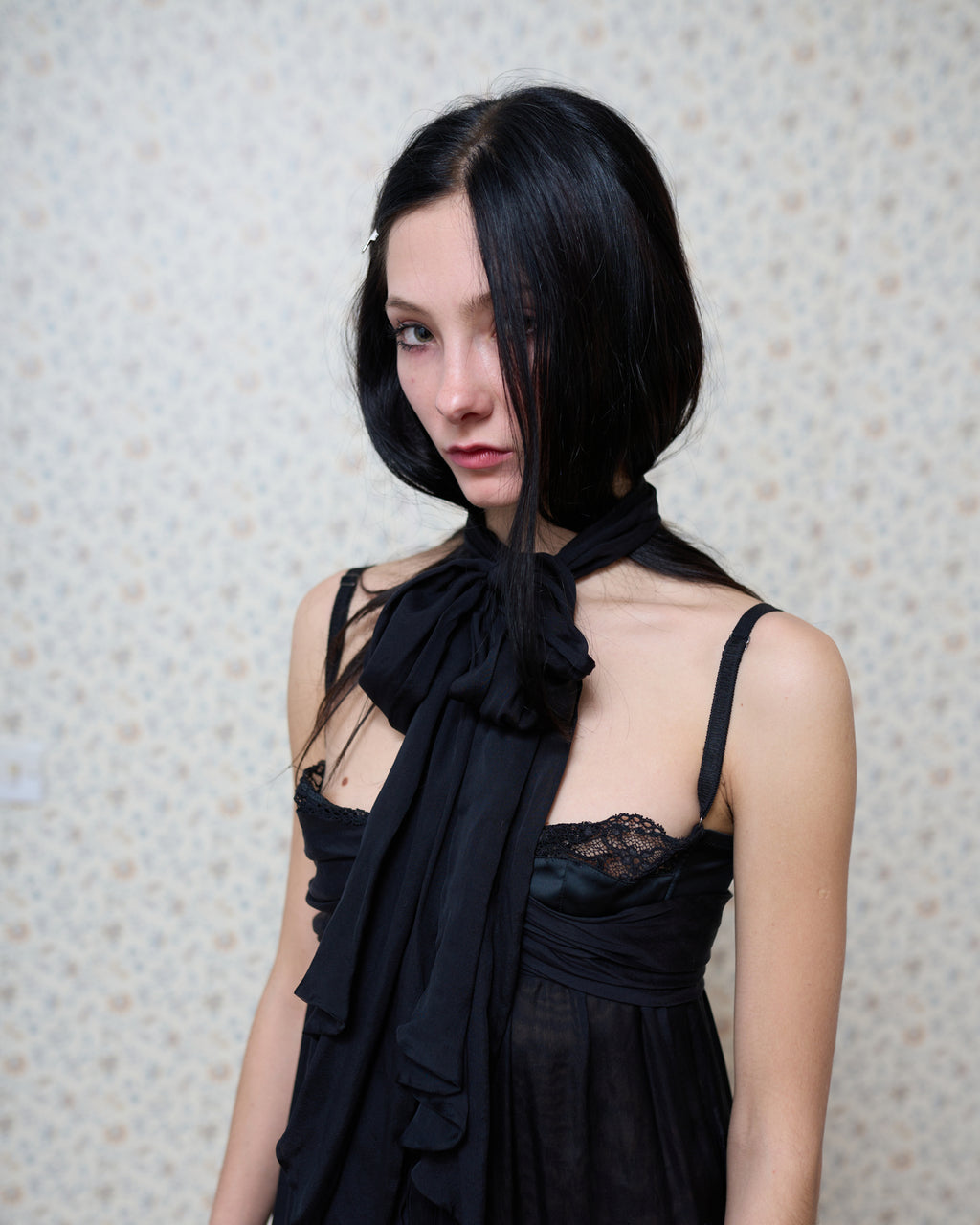 Dolce & Gabbana Black Shearling Trim Silk Dress