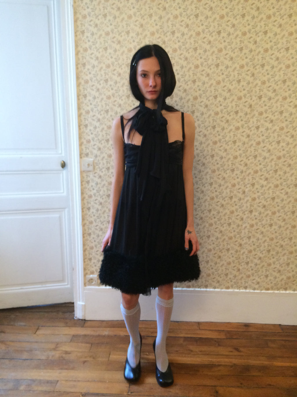 Dolce & Gabbana Black Shearling Trim Silk Dress