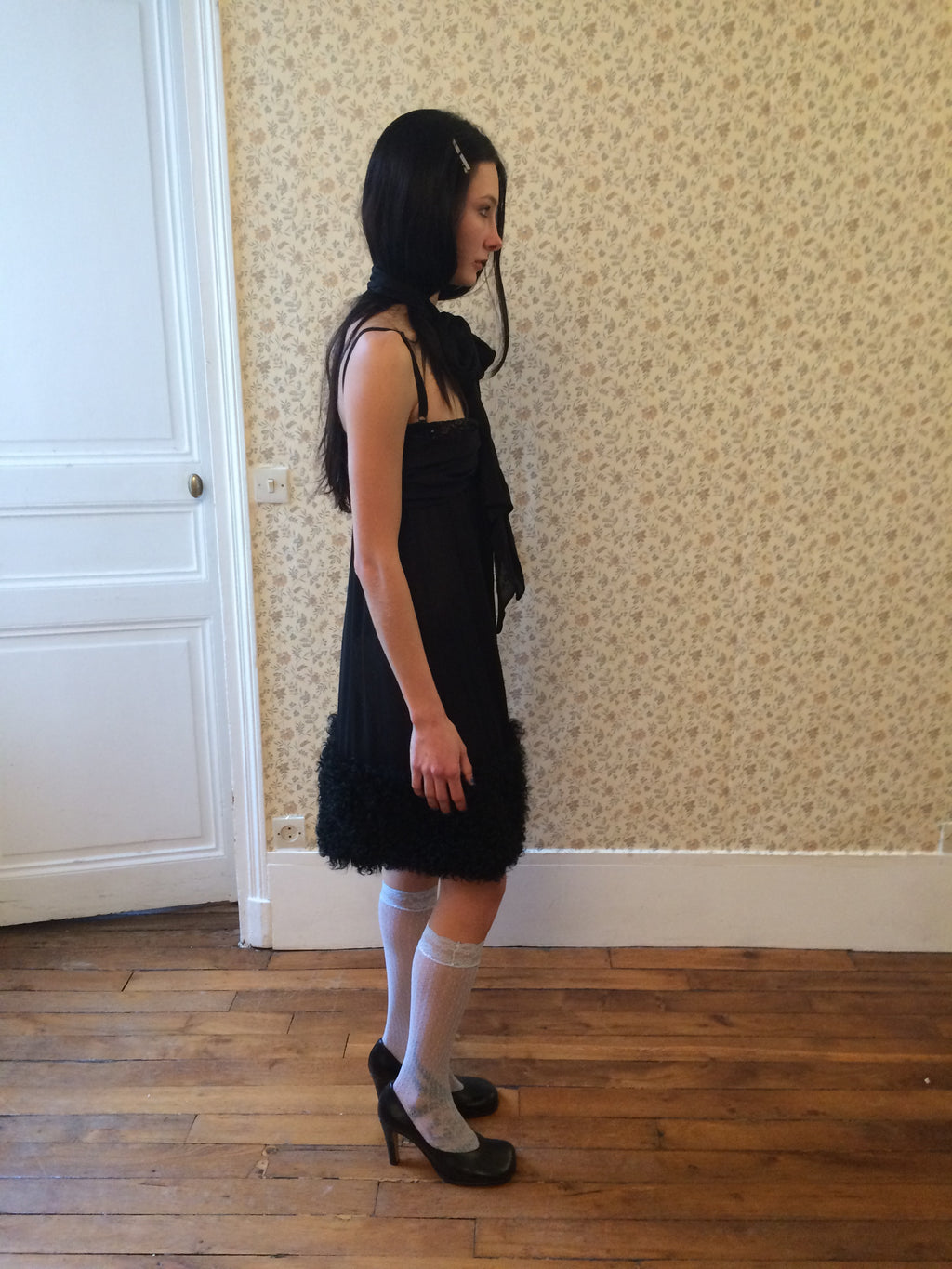 Dolce & Gabbana Black Shearling Trim Silk Dress
