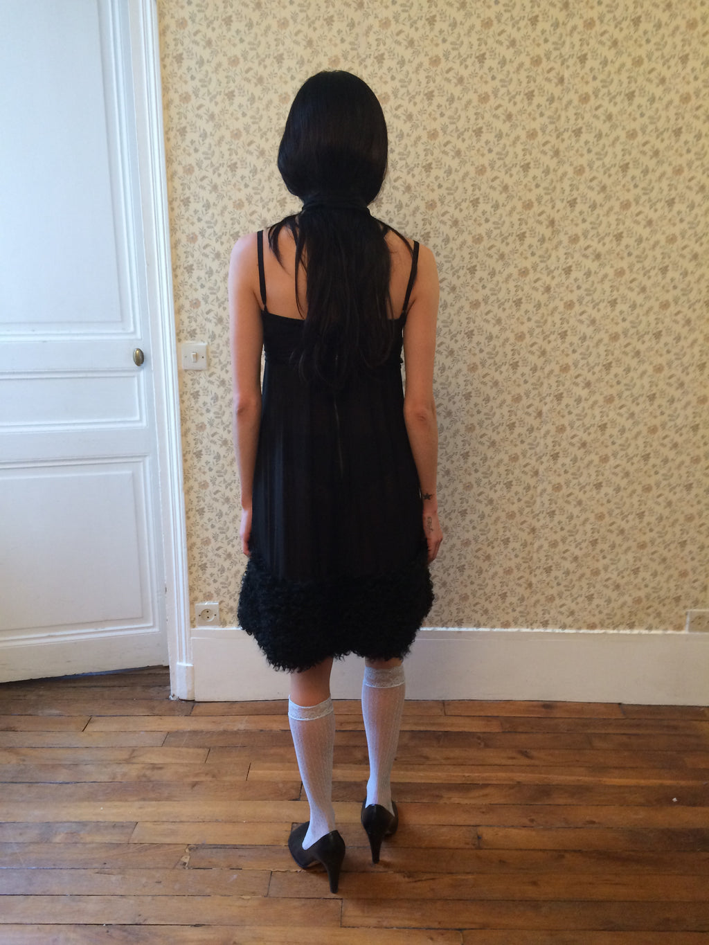 Dolce & Gabbana Black Shearling Trim Silk Dress