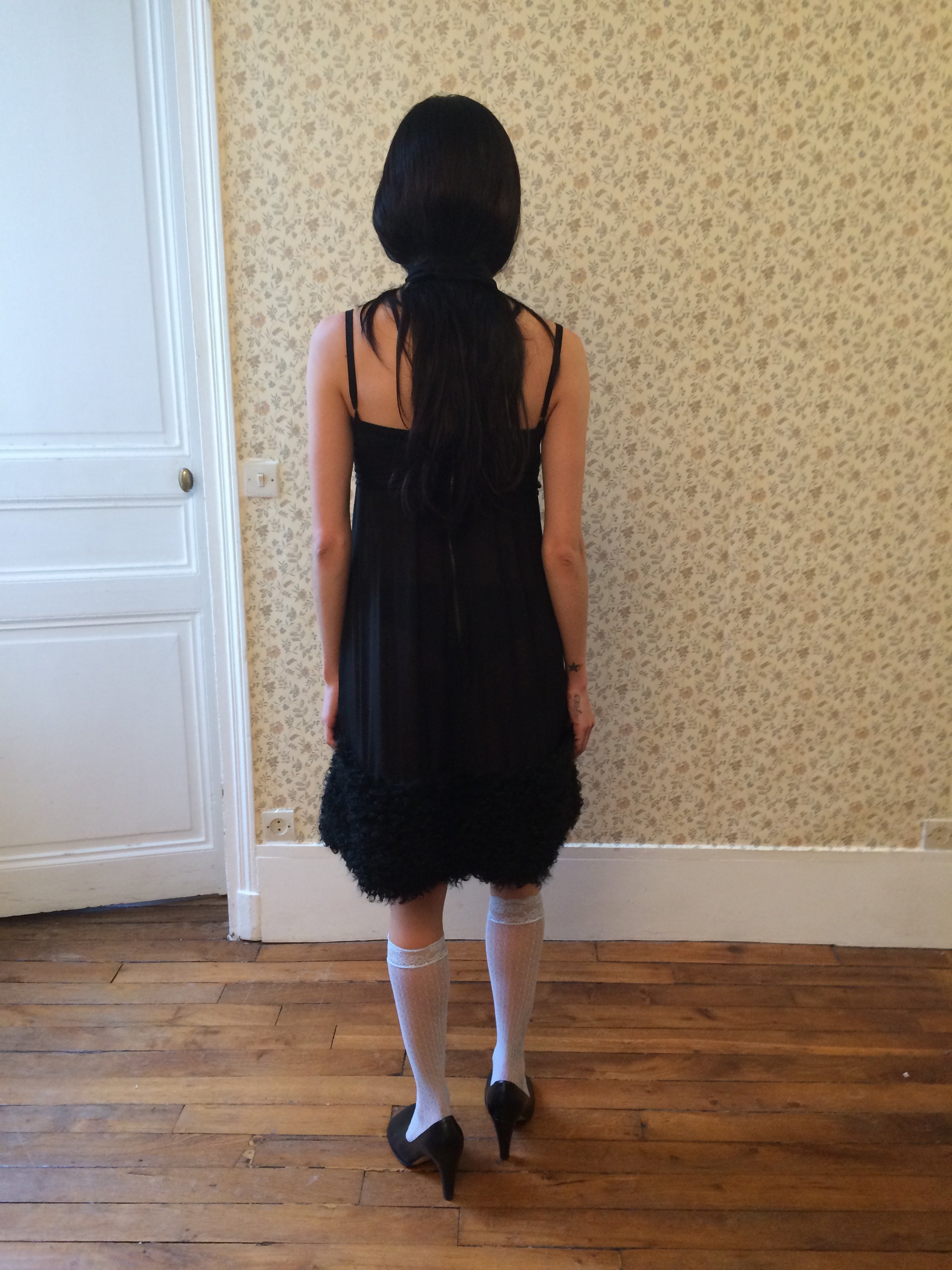 Dolce & Gabbana Black Shearling Trim Silk Dress
